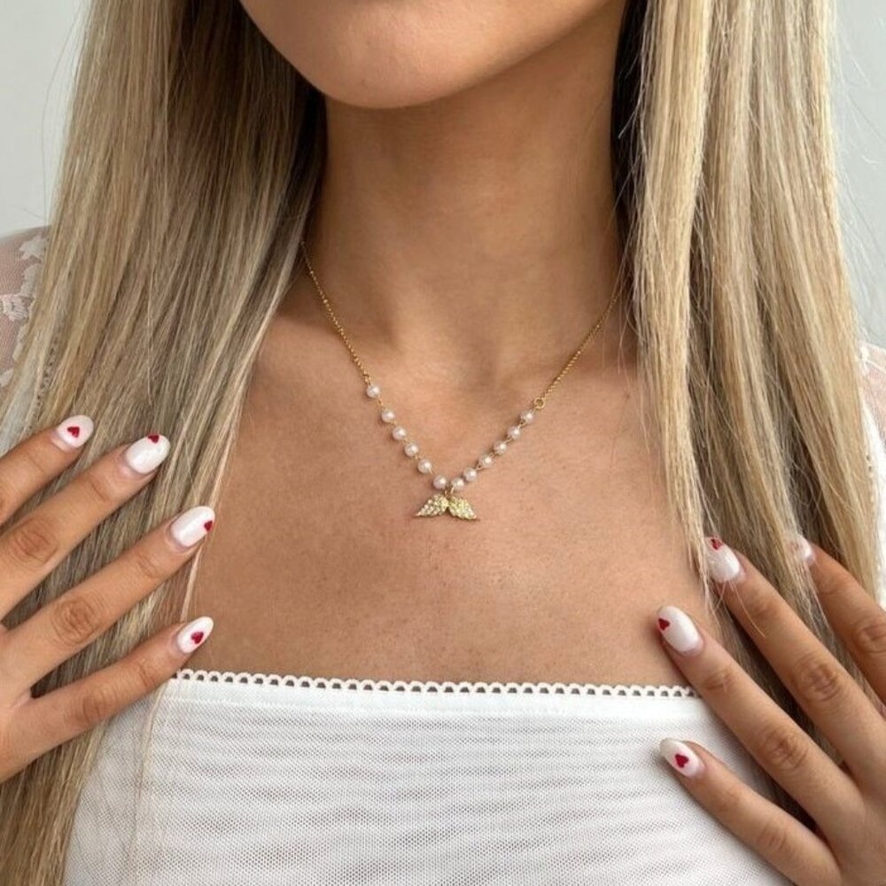 EVRY JEWELS 14K Gold Plated Angel Wing & White Pearl Pendant Necklace